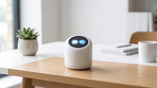 Smart AI home assistant device. Modern robot chatbot for digital communication and support.