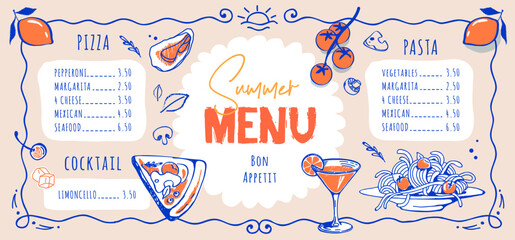 Fototapeta na wymiar Mediterranean summer restaurant menu design with lemons, pizza and pasta. Hand drawing design. Vector illustration