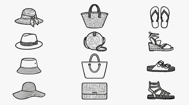 Professional Black and White Line Drawing Set of Summer Accessories Including Hats Bags and Footwear