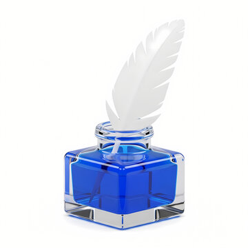White quill feather in a glass inkwell with blue ink