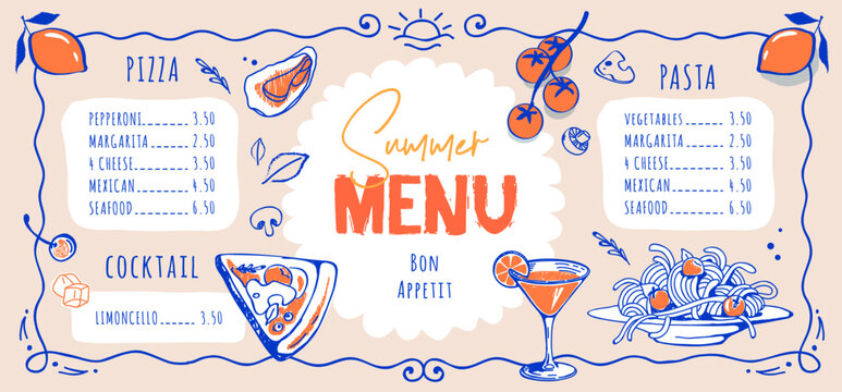 Mediterranean summer restaurant menu design with lemons, pizza and pasta. Hand drawing design. Vector illustration
