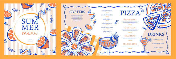 Fototapeta na wymiar Mediterranean summer restaurant menu design with lemons, pizza, oysters and cocktails. Hand drawing design.Vector illustration