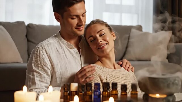 Man giving woman a shoulder massage during aromatherapy session. Couple relaxing at home with essential oil diffuser and lit candles