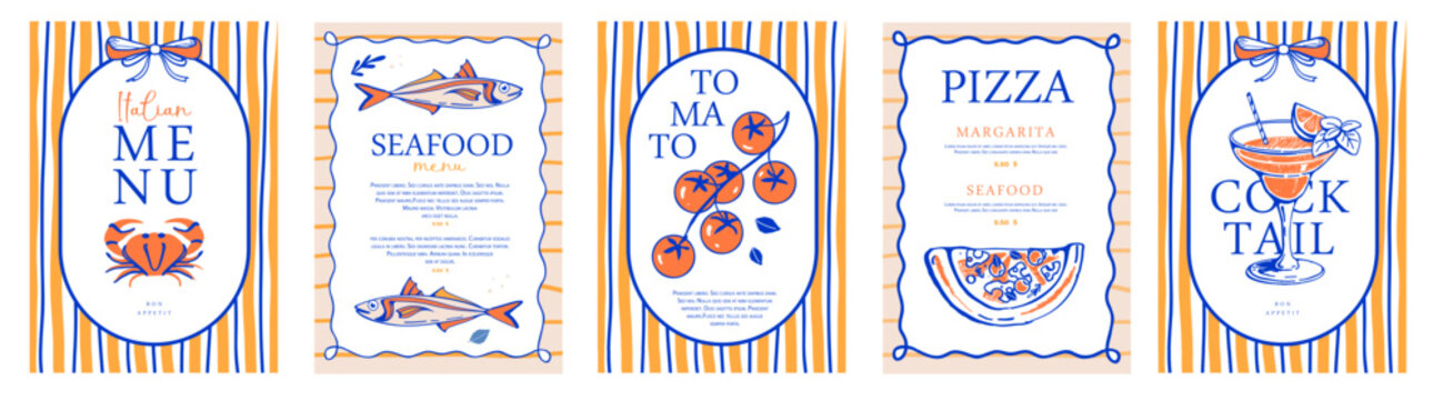 Mediterranean striped restaurant menu design with seafood, pizza, tomotoes and cocktail. Hand drawing design. Vector illustration