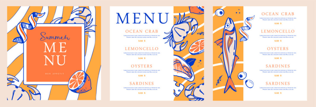 Mediterranean summer restaurant menu design with lemons, crab and fish. Hand drawing design. Vector illustration