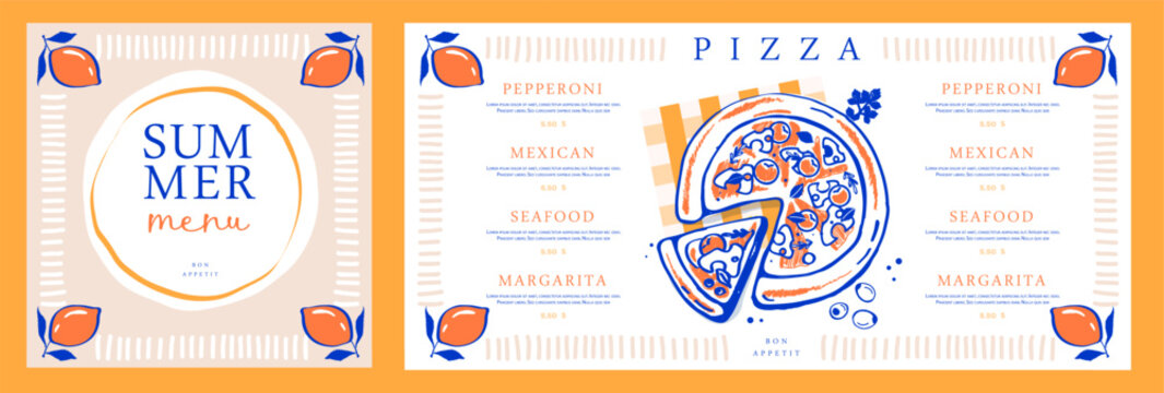 Mediterranean restaurant pizza menu design with hand drawing  lemons and frame. Hand drawing design. Vector illustration