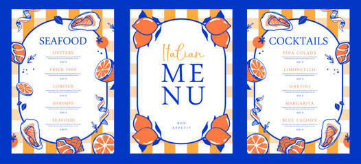Plakat Mediterranean Italian summer restaurant menu design with lemons, seafood and tomatoes. Hand drawing design. Vector illustration