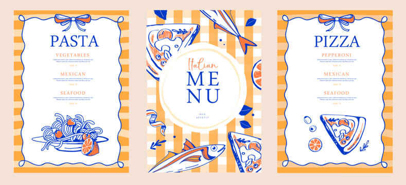 Mediterranean Italian summer restaurant menu design with lemons, pizza, pasta and fish. Hand drawing design. Vector illustration