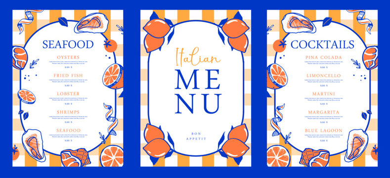 Mediterranean Italian summer restaurant menu design with lemons, seafood and tomatoes. Hand drawing design. Vector illustration