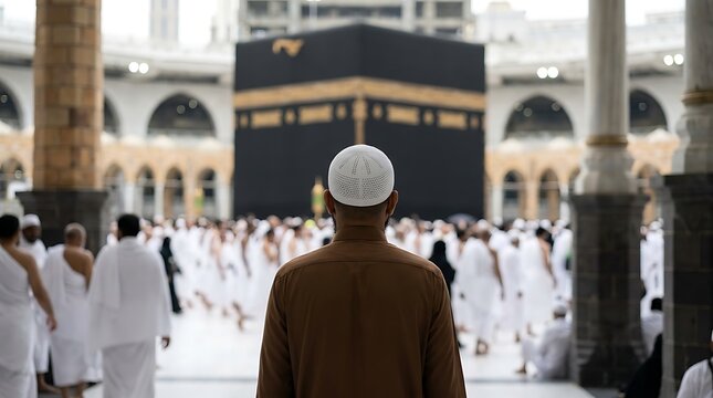 A man in a brown shirt and white kufi cap stands facing the kaaba in mecca, saudi arabia, during the hajj pilgrimage with a crowd of people in white ihram