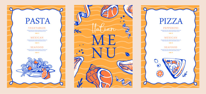 Mediterranean Italian restaurant menu design with lemons, seafood, pizza and pasta. Hand drawing design. Vector illustration