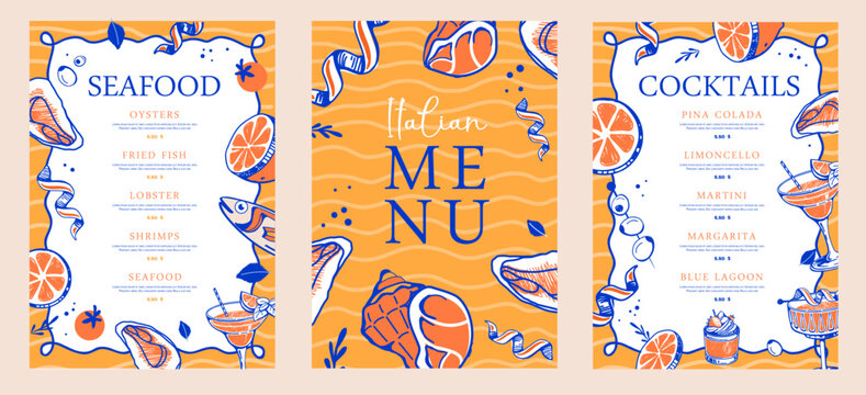 Mediterranean Italian restaurant menu design with lemons, fish, oysters and cocktails. Hand drawing design. Vector illustration