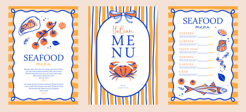 Mediterranean Italian restaurant menu design with lemons, oysters, tomatoes and crab. Hand drawing design. Vector illustration