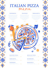 Fototapeta na wymiar Mediterranean restaurant pizza menu design with Italian yellow and blue tile. Hand drawing design. Vector illustration