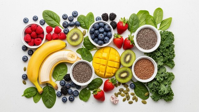 Assorted fresh fruits vegetables and superfoods arranged on a white background.