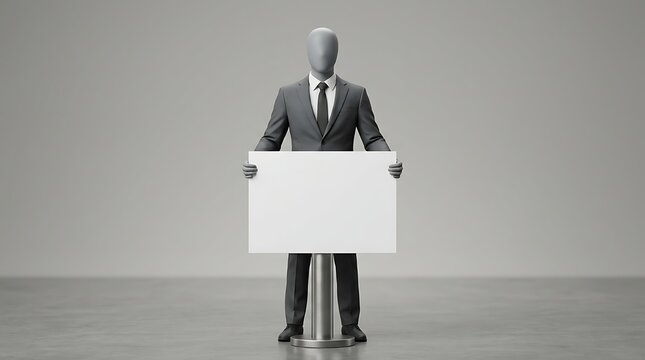 3d render of a faceless mannequin in a formal business suit holding a blank white sign board, standing on a metal pedestal in a minimalist studio setting