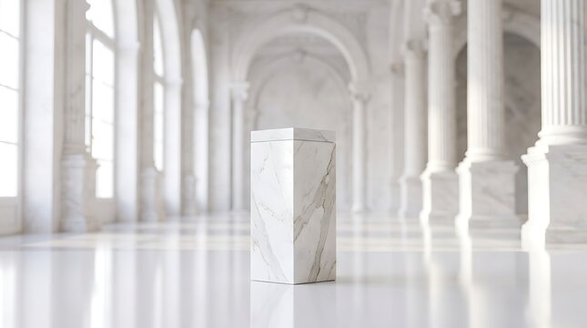 Minimalist marble pedestal in a grand classical hall with white columns and arched windows, elegant interior design for product display