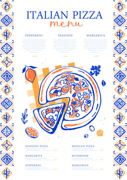 Mediterranean restaurant pizza menu design with Italian yellow and blue tile. Hand drawing design. Vector illustration