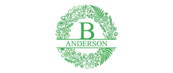 Green Floral Wreath with Monogram Letter B and Name © Muta