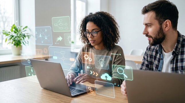 Two young colleagues working on laptops with floating digital icons representing cloud computing and software development, teamwork and innovation concept
