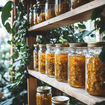 Glass jars of golden preserves line rustic wooden shelves, surrounded by vibrant green plants