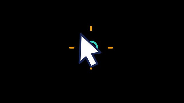 2D animated universal computer mouse cursor click overlay on transparent background. White arrow pointer selecting with circular effect in a seamless loop. Digital interface interaction concept