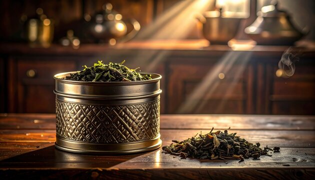 Intricate metal tin overflowing with dried tea leaves on a wooden table bathed in sunlight