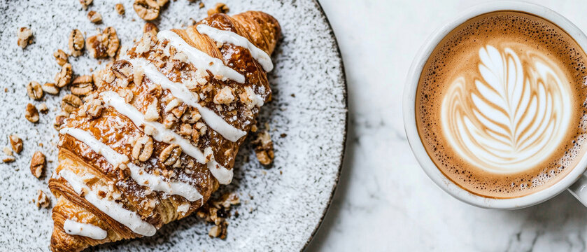 Glazed nut croissant with icing on a speckled plate, beside a coffee cup with intricate leaf latte art