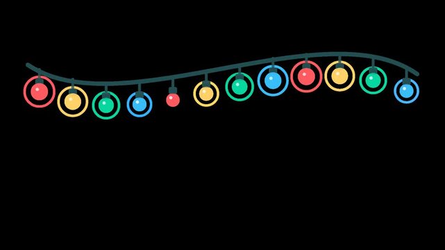 2D animated twinkling holiday garland overlay on transparent background. Colorful string lights blinking in a seamless loop. Festive Christmas decoration concept