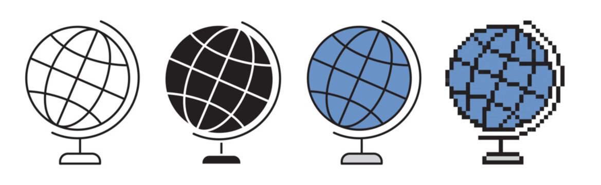 Vector school globe icon pack. Includes outline with editable stroke, solid glyph, color filled line and pixel art versions for back to school theme design.