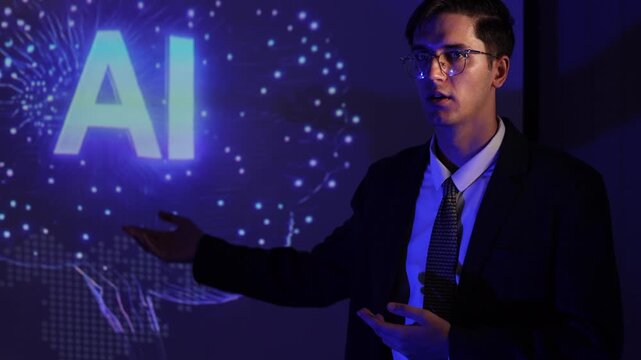 Seminar woman with man in conversation for ai governance, machine learning, Presenter promoting artificial intelligence solutions, Strategy plan to executive write prompt AI bot IT app program.