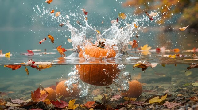 Festive thanksgiving background pumpkin splash with autumn leaves in water