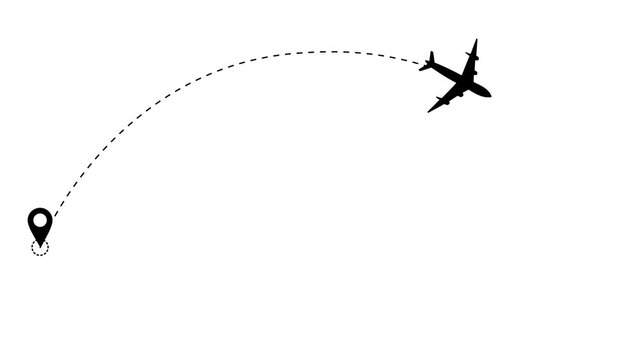 Airplane Travel Route Illustration with Location Pin and Curved Flight Path Symbol on Black Background and White Background in Minimal Navigation Design Style.