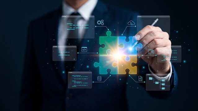 Software integration solution with connecting puzzle pieces linking code, database, cloud and file management modules, system architecture, enterprise application development, API connectivity