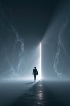 Person silhouette walking towards glowing portal, finding freedom, new opportunities, escaping dark confinement