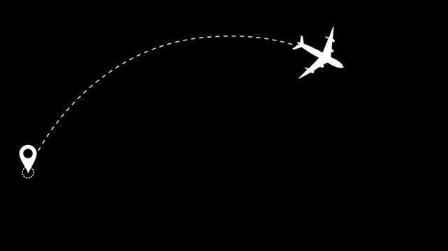 Airplane Travel Route Illustration with Location Pin and Curved Flight Path Symbol on Black Background and Green Background in Minimal Navigation Design Style.