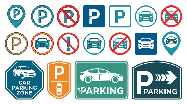 Parking sign icon set with 16 vector elements, car parking zone symbols and traffic road signs, flat graphic navigation labels for urban transport