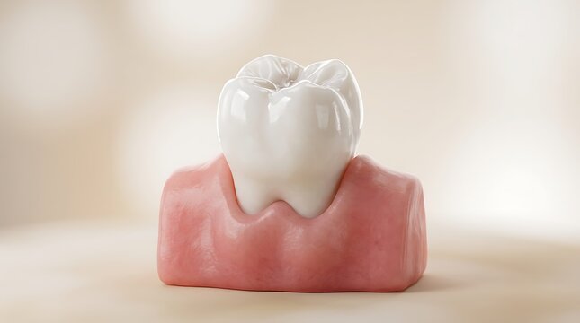 Detailed 3d render of a human tooth in pink gums