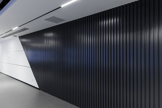 Contemporary minimalist corridor featuring black vertical paneling, linear ceiling lights and clean geometric lines. Empty commercial interior conveys modern architecture, sleek design and texture