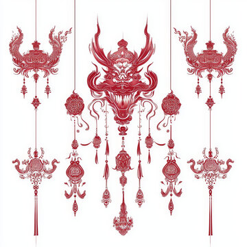 Intricate red mythical face with horns and elaborate hanging ornaments, flanked by symmetrical decorative motifs on a clean white background