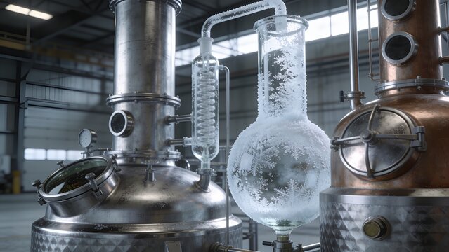 Industrial Distillation Column with Frosted Glass Flask and Copper Still