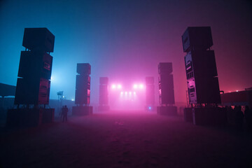 Obraz premium Large outdoor concert sound system with towering speakers and colorful pink and blue stage lights creating atmospheric foggy environment