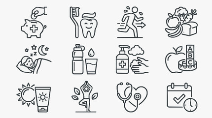Fototapeta premium Professional Black and White Line Icons Set Featuring Health Wellness and Lifestyle Concepts for Digital Use