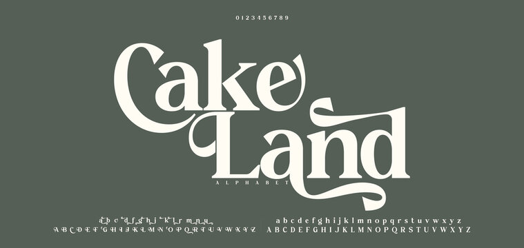 Cake Land, Elegant, script font, Uppercase Lowercase and Number. Classic Lettering Minimal Fashion Designs. Typography modern bold ,decorative vintage concept. vector illustration
