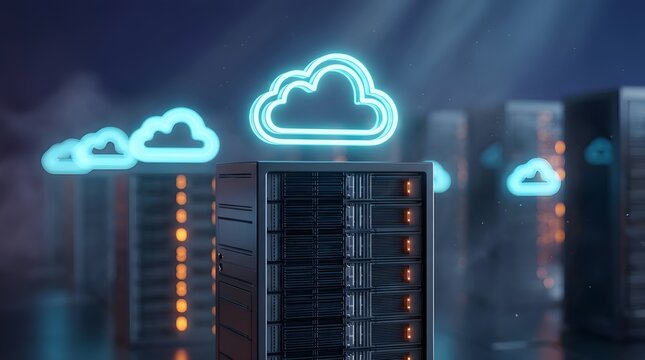 Neon Cloud Computing Symbols Floating Above Modern Server Rack Infrastructure in a High Tech Data Center Environment