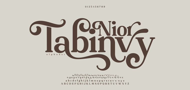 Nior Tabinvy, Luxury wedding alphabet letters font with tails. Typography elegant classic serif fonts and number