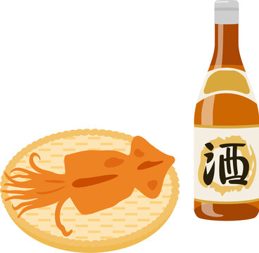 日本酒の瓶と笊に乗せたスルメイカ