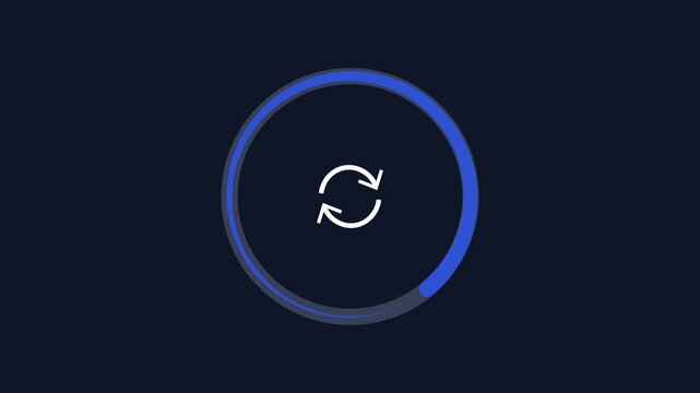 Minimal animated circular progress ring with a sync icon on a dark background. Modern motion graphic for synchronization, data refresh, updating, loading, and technology interfaces.