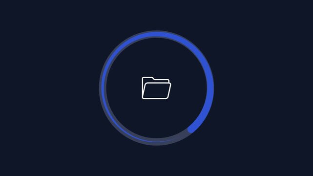 Minimal animated circular progress ring with a folder icon on a dark background. Modern motion graphic for file management, storage, organization, loading, and technology interfaces.
