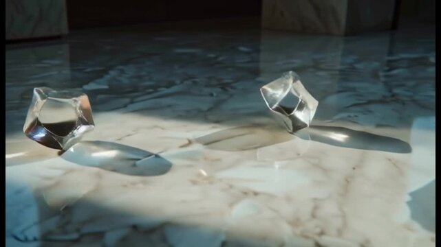 Two geometric crystal abstract shapes casting long shadows on a marble floor
